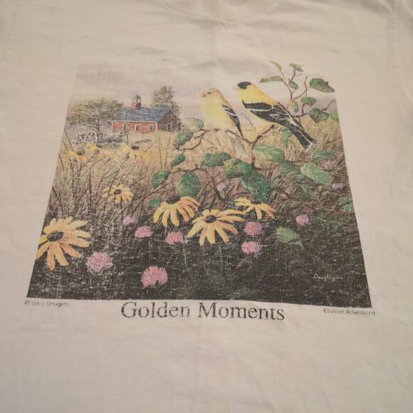 VTG Golden Moment American Goldfinch Bird Adult Medium Shirt Flowers Floral Farm - Picture 2 of 8